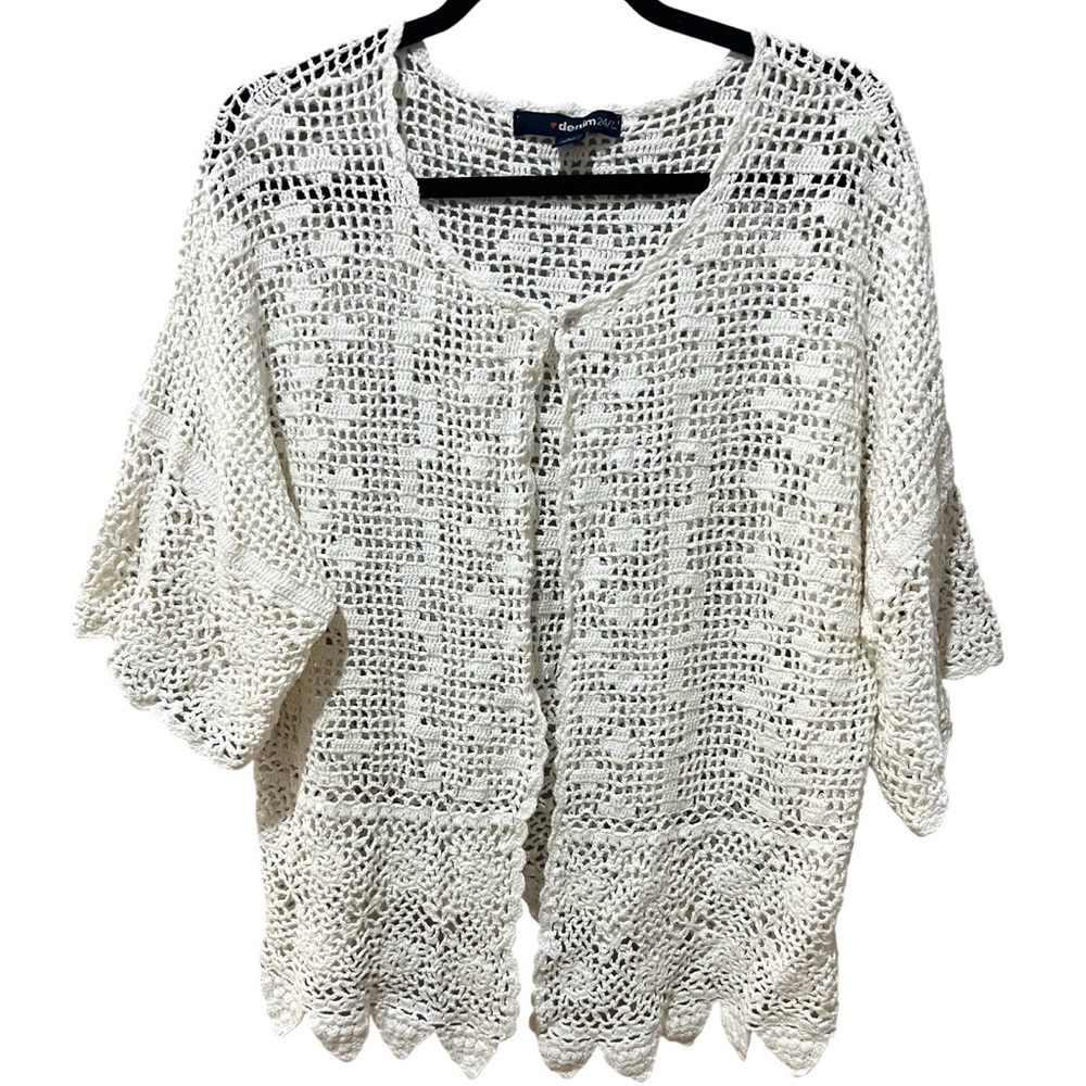 Denim 24/7 Boho White Crochet Cardigan Short Sleeve SZ L EUC
